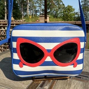 NWOT! Kate Spade Make A Splash Blue/White Striped XBody Bag Sunglasses wRed Trim